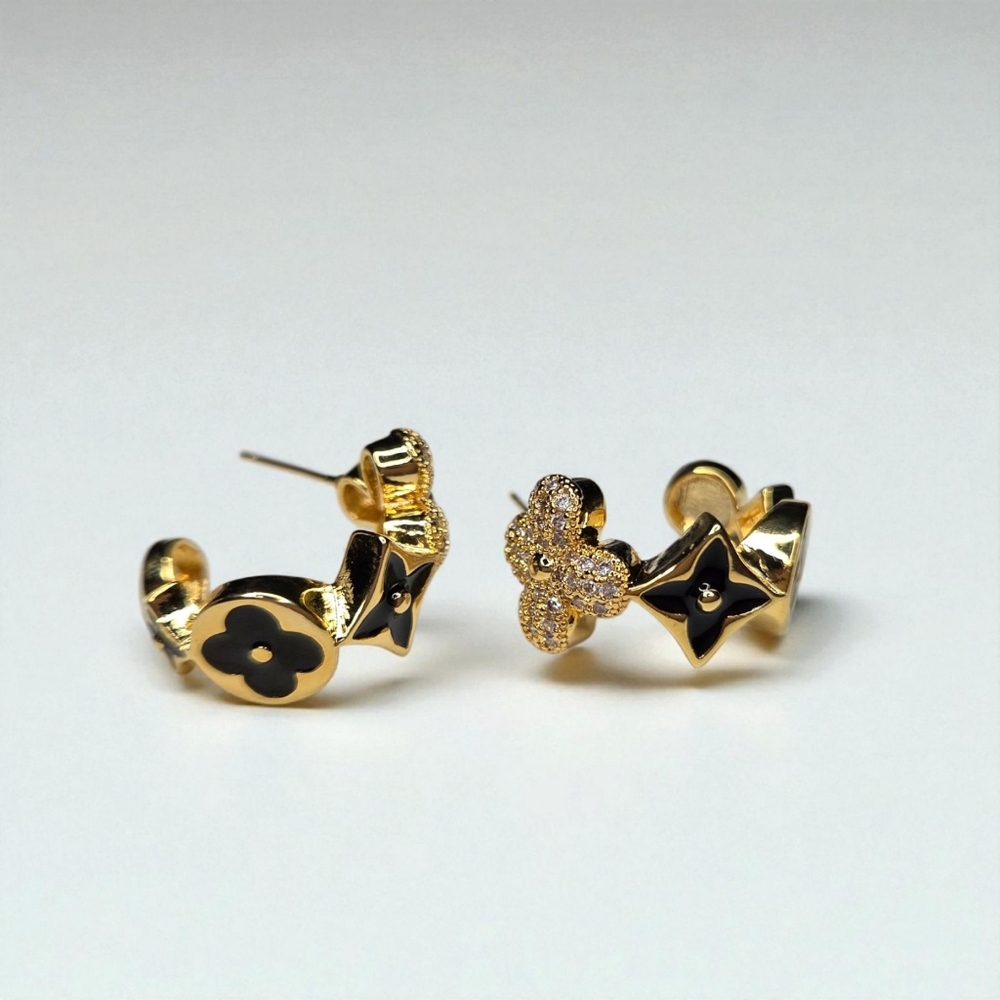 Luxury 18k Gold Plated Clover Flower Blossom Zircon Crystal Onyx Hoops Earrings - Picture 3 of 6